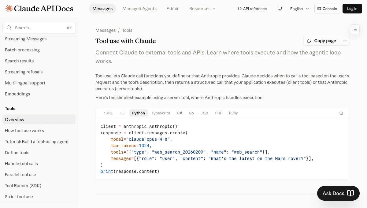 Claude API 공식 문서 — Tool use with Claude 페이지(tools=[...] 예제)