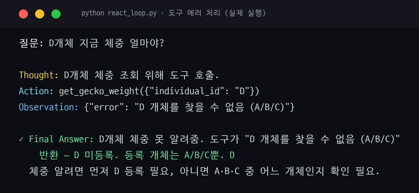도구 에러 처리 — 없는 D개체 조회 시 error 반환, 에이전트가 정정