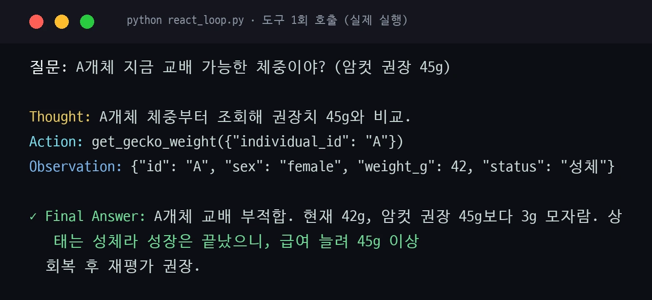 도구 1회 호출 실행 캡처 — A개체 체중 42g 조회 후 판단