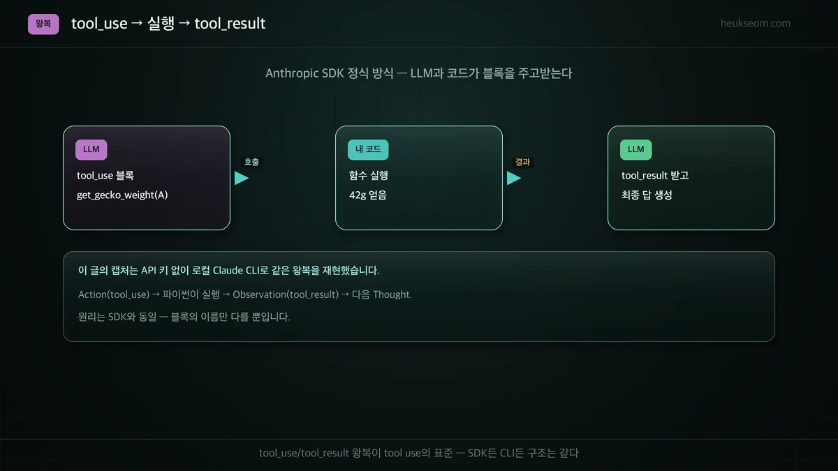 tool_use → 코드 실행 → tool_result 왕복 흐름