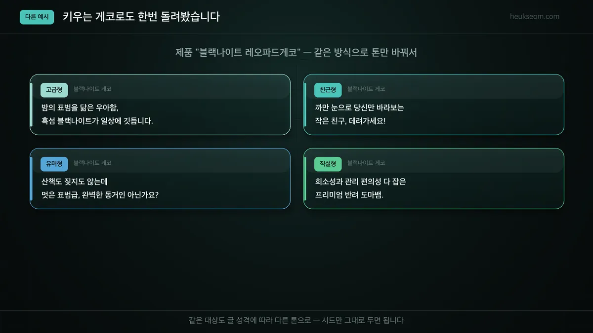 흑섬 블랙나이트 레오파드게코 — 4가지 스타일 카피 결과