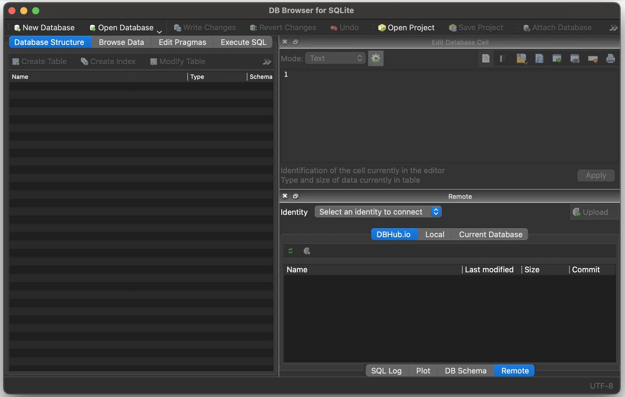 DB Browser for SQLite 첫 실행 화면